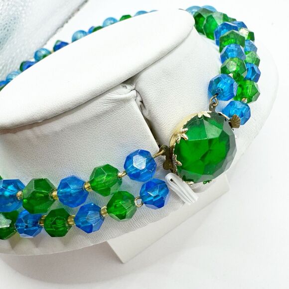 West Germany Vintage Blue Green Lucite Faceted Beaded Necklace 2 Strand MCM - Picture 2 of 16